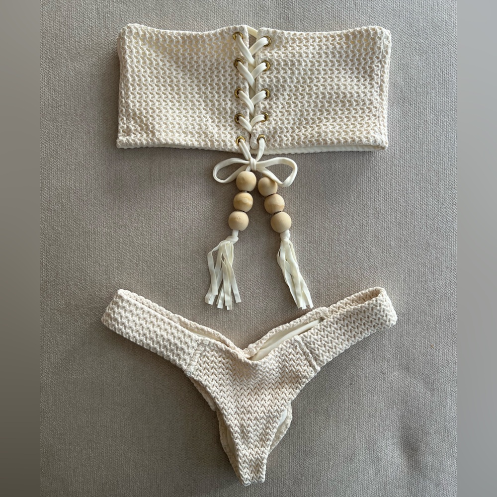 Montce Bone Crochet Corset Bikini Top and Ruched Bikini bottom